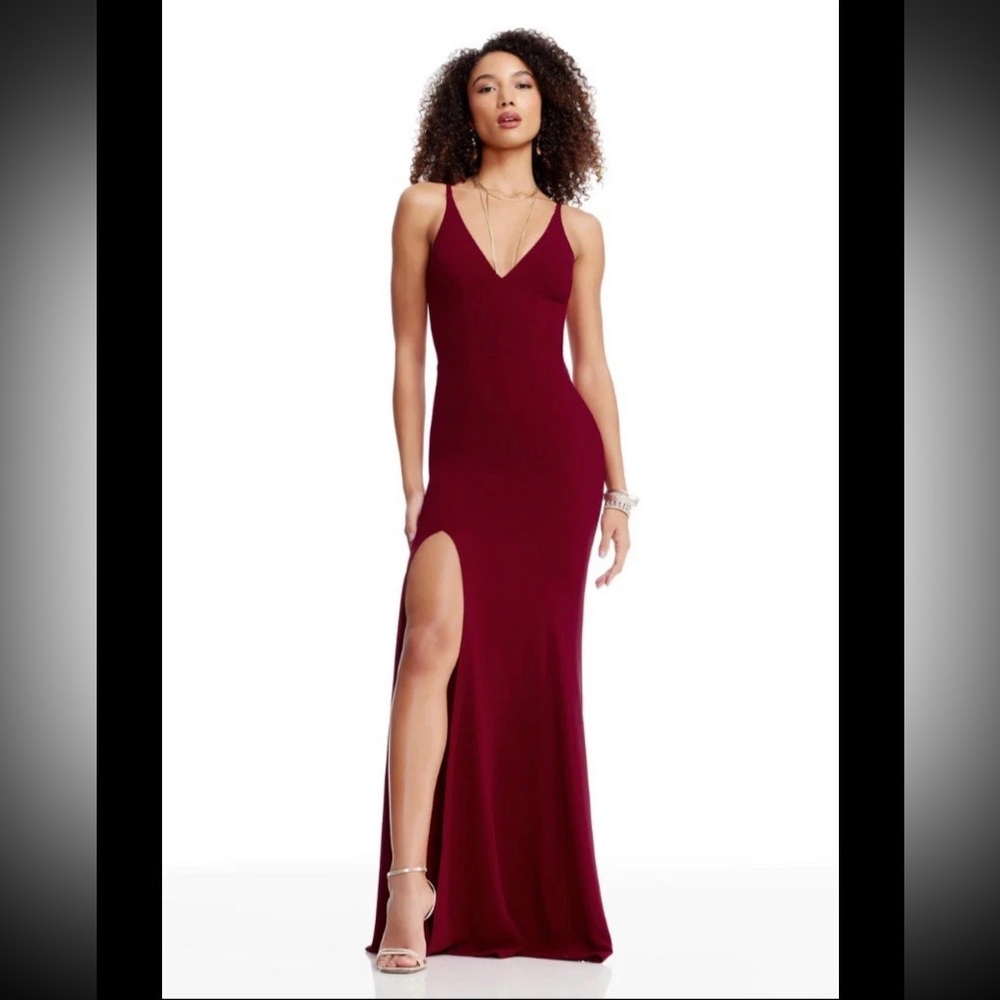 Dress The Population Womens Size Large Garnet Red Iris Slit Crepe Evening Gown